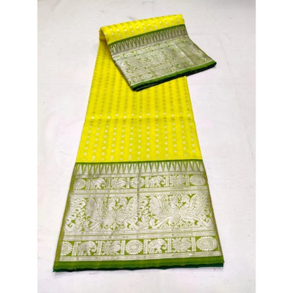 Generic Women's Soft Litchi Silk Jacquard Work Saree With Unstitched Blouse 5.5Mtr (Yellow)