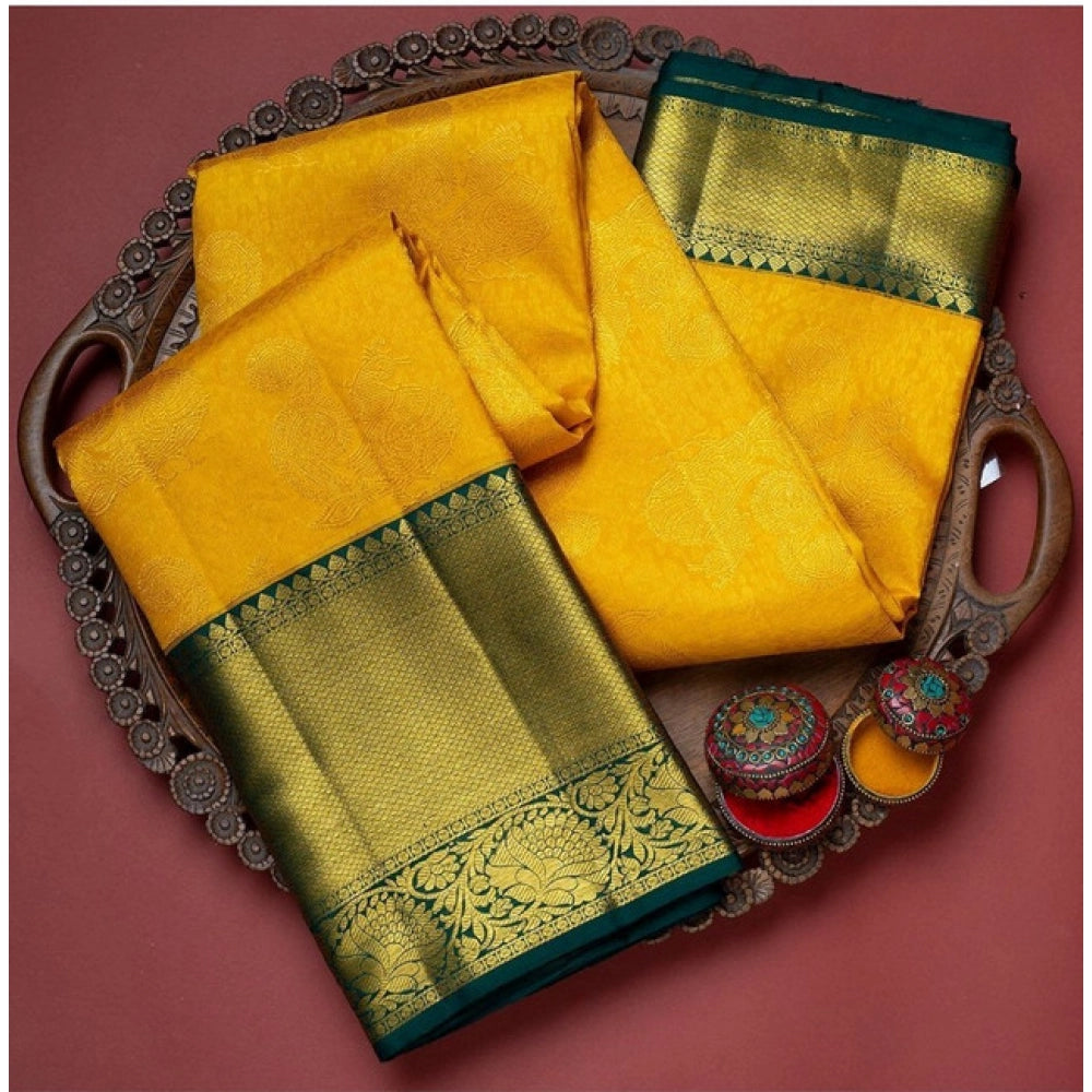 Generic Women's Soft Litchi Silk Jacquard Work Saree With Unstitched Blouse 5.5Mtr (Yellow)