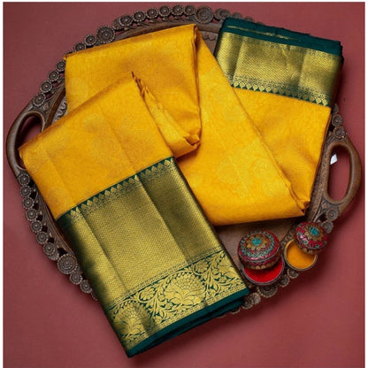 Generic Women's Soft Litchi Silk Jacquard Work Saree With Unstitched Blouse 5.5Mtr (Yellow)