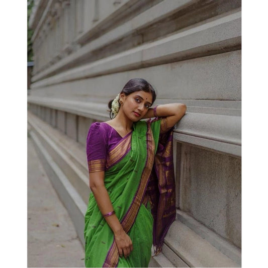 Generic Women's Soft Litchi Silk Jacquard Work Saree With Unstitched Blouse 5.5Mtr (Dark Green)