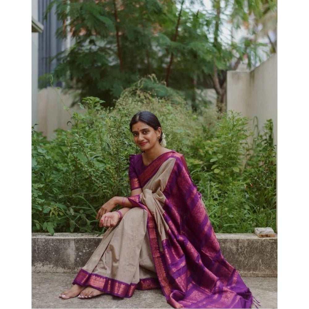 Generic Women's Soft Litchi Silk Jacquard Work Saree With Unstitched Blouse 5.5Mtr (Gray)