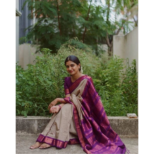 Generic Women's Soft Litchi Silk Jacquard Work Saree With Unstitched Blouse 5.5Mtr (Gray)