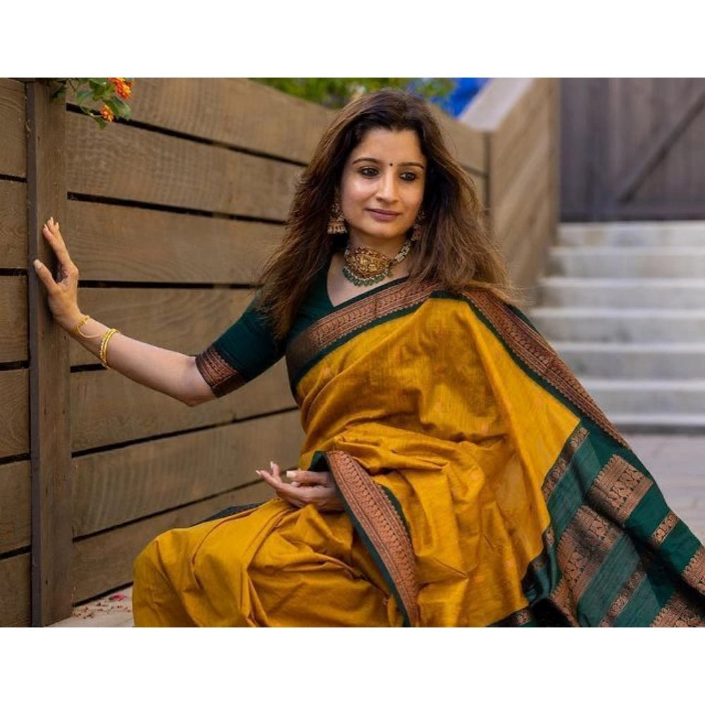 Generic Women's Soft Litchi Silk Jacquard Work Saree With Unstitched Blouse 5.5Mtr (Yellow)