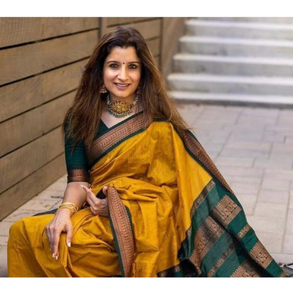 Generic Women's Soft Litchi Silk Jacquard Work Saree With Unstitched Blouse 5.5Mtr (Yellow)