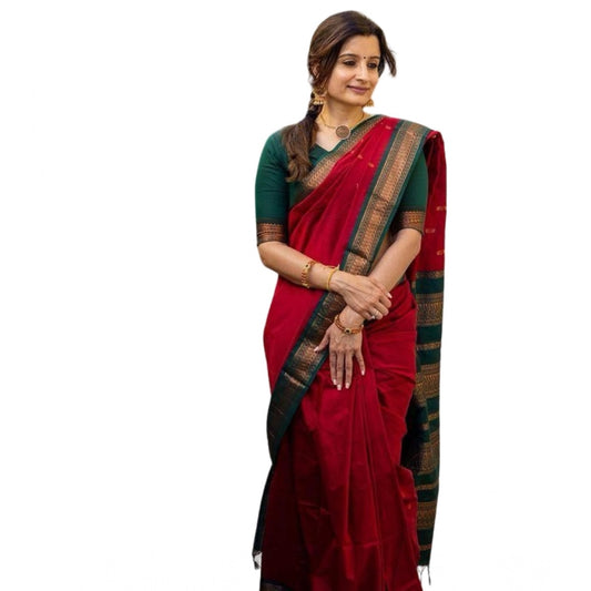 Generic Women's Soft Litchi Silk Jacquard Work Saree With Unstitched Blouse 5.5Mtr (Red)