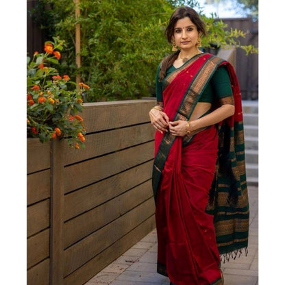 Generic Women's Soft Litchi Silk Jacquard Work Saree With Unstitched Blouse 5.5Mtr (Red)