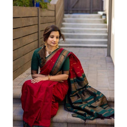 Generic Women's Soft Litchi Silk Jacquard Work Saree With Unstitched Blouse 5.5Mtr (Red)