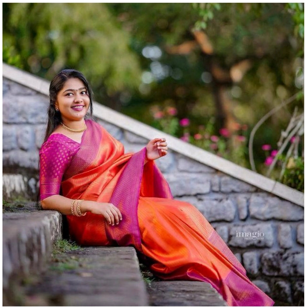 Generic Women's Soft Litchi Silk Jacquard Work Saree With Unstitched Blouse 5.5Mtr (Orange)