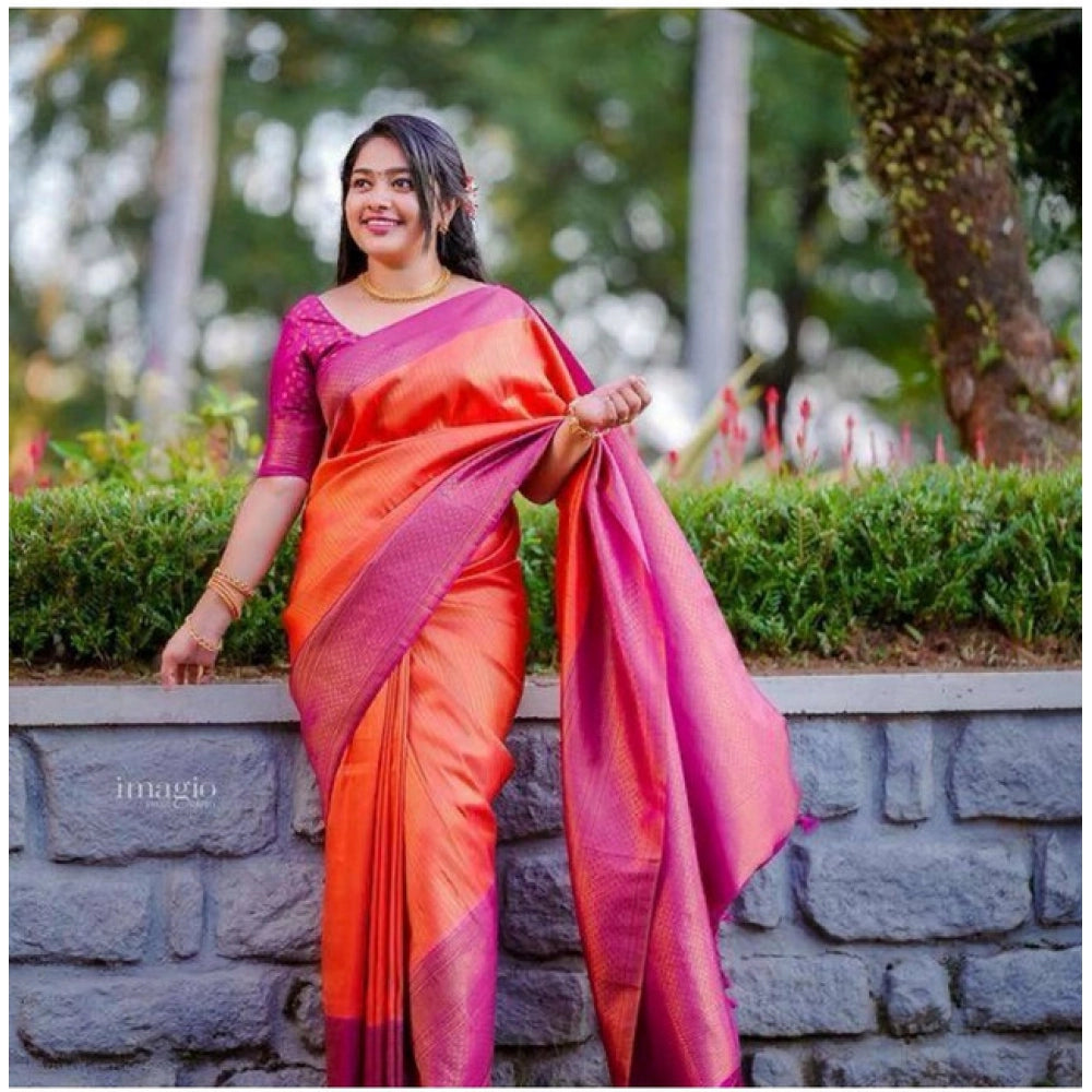 Generic Women's Soft Litchi Silk Jacquard Work Saree With Unstitched Blouse 5.5Mtr (Orange)