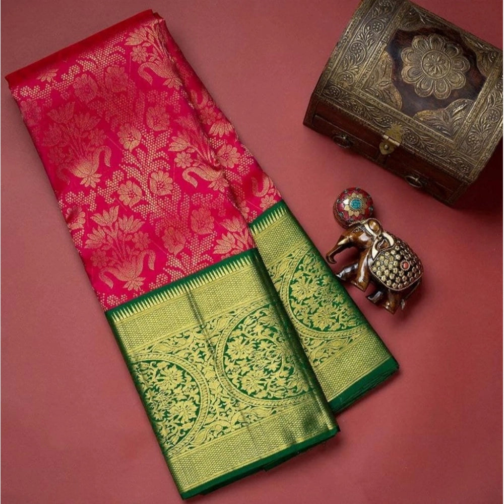 Generic Women's Soft Litchi Silk Jacquard Work Saree With Unstitched Blouse 5.5Mtr (Red)