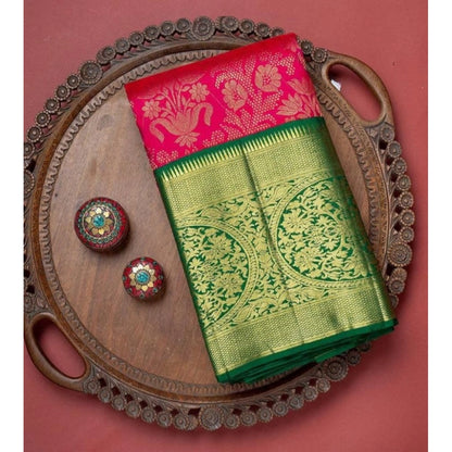 Generic Women's Soft Litchi Silk Jacquard Work Saree With Unstitched Blouse 5.5Mtr (Red)