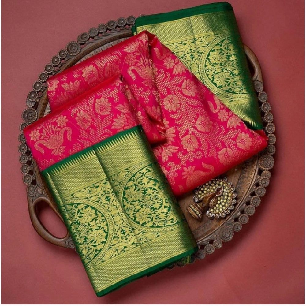 Generic Women's Soft Litchi Silk Jacquard Work Saree With Unstitched Blouse 5.5Mtr (Red)