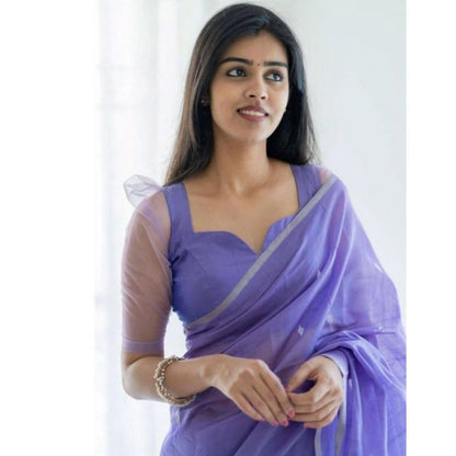 Generic Women's Soft Litchi Silk Jacquard Work Saree With Unstitched Blouse 5.5Mtr (Purple)