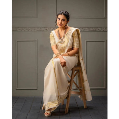 Generic Women's Soft Litchi Silk Jacquard Work Saree With Unstitched Blouse 5.5Mtr (White)