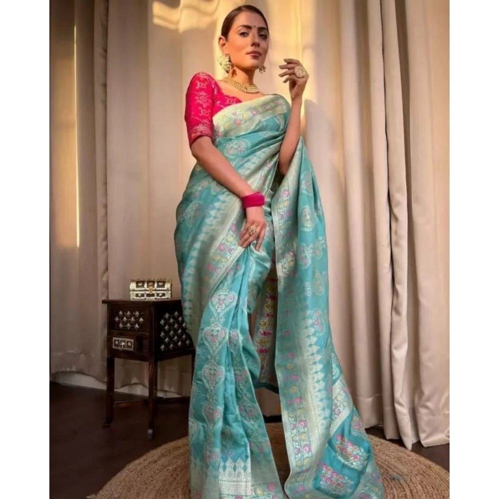 Generic Women's Soft Litchi Silk Jacquard Work Saree With Unstitched Blouse 5.5Mtr (Sky Blue)
