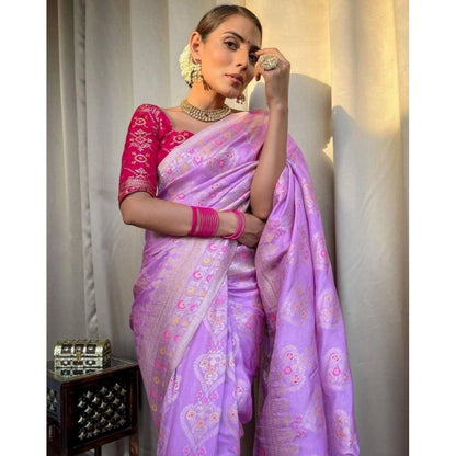 Generic Women's Soft Litchi Silk Jacquard Work Saree With Unstitched Blouse 5.5Mtr (Lavender)