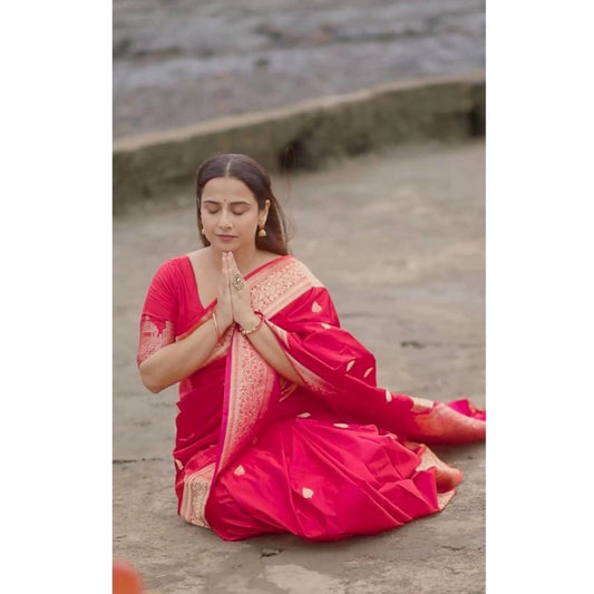 Generic Women's Soft Litchi Silk Jacquard Work Saree With Unstitched Blouse 5.5Mtr (Pink)