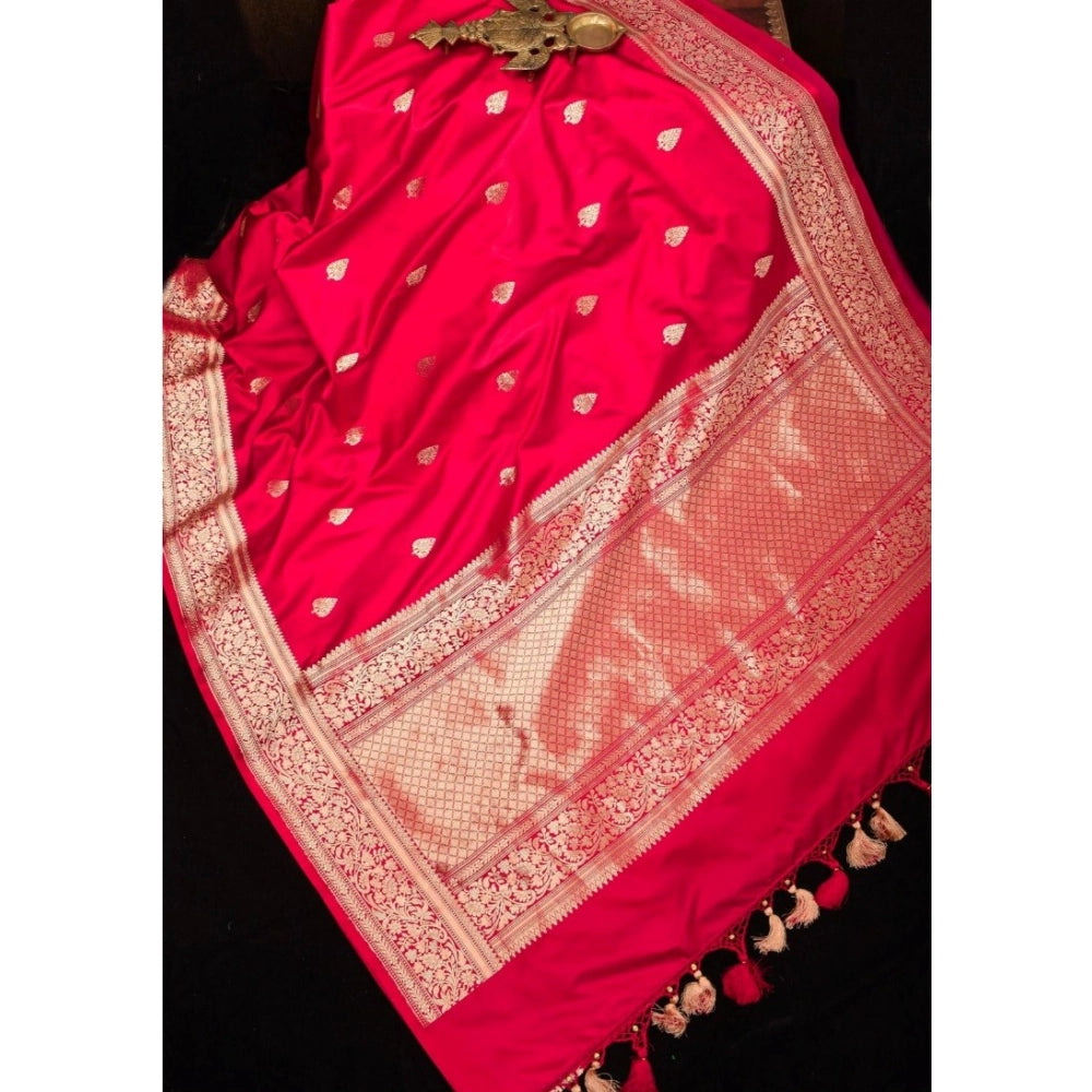 Generic Women's Soft Litchi Silk Jacquard Work Saree With Unstitched Blouse 5.5Mtr (Pink)