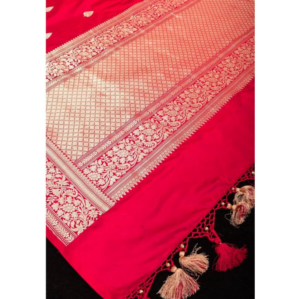 Generic Women's Soft Litchi Silk Jacquard Work Saree With Unstitched Blouse 5.5Mtr (Pink)