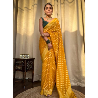 Generic Women's Soft Litchi Silk Jacquard Work Saree With Unstitched Blouse 5.5Mtr (Yellow)