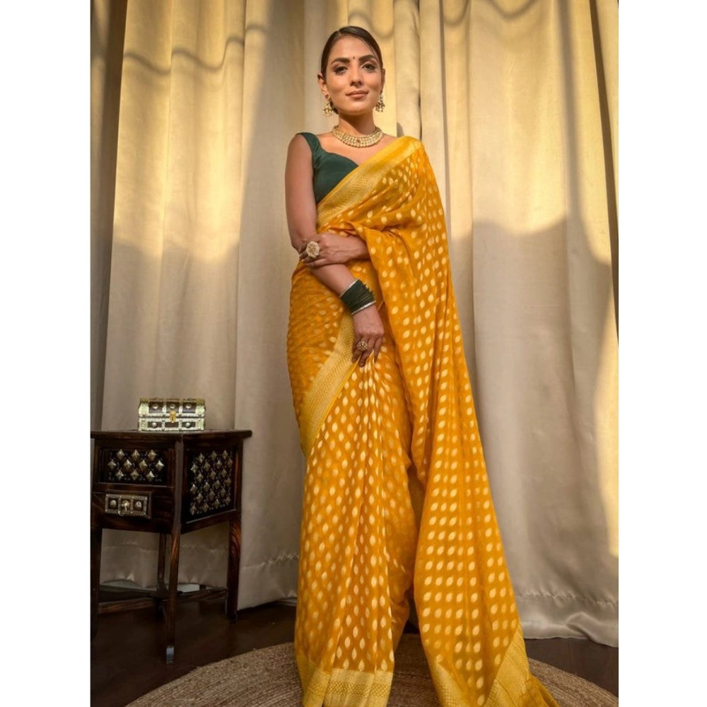Generic Women's Soft Litchi Silk Jacquard Work Saree With Unstitched Blouse 5.5Mtr (Yellow)