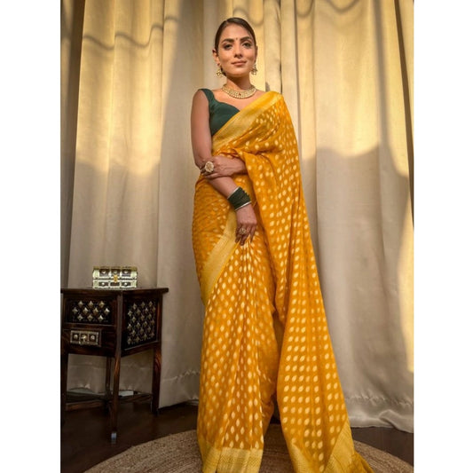 Generic Women's Soft Litchi Silk Jacquard Work Saree With Unstitched Blouse 5.5Mtr (Yellow)