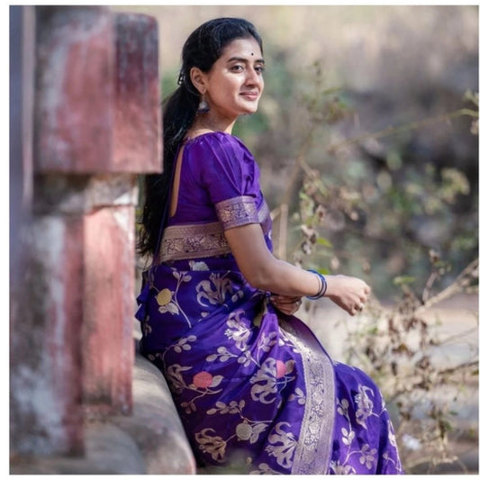 Generic Women's Soft Litchi Silk Jacquard Work Saree With Unstitched Blouse 5.5Mtr (Purple)