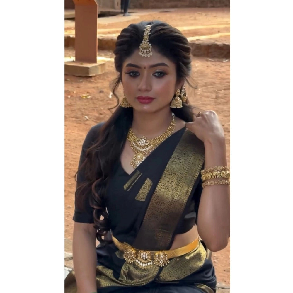 Generic Women's Soft Litchi Silk Jacquard Work Saree With Unstitched Blouse 5.5Mtr (Black)