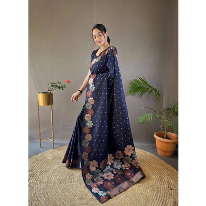 Generic Women's Soft Litchi Silk Jacquard Work Saree With Unstitched Blouse 5.5Mtr (Navy Blue)