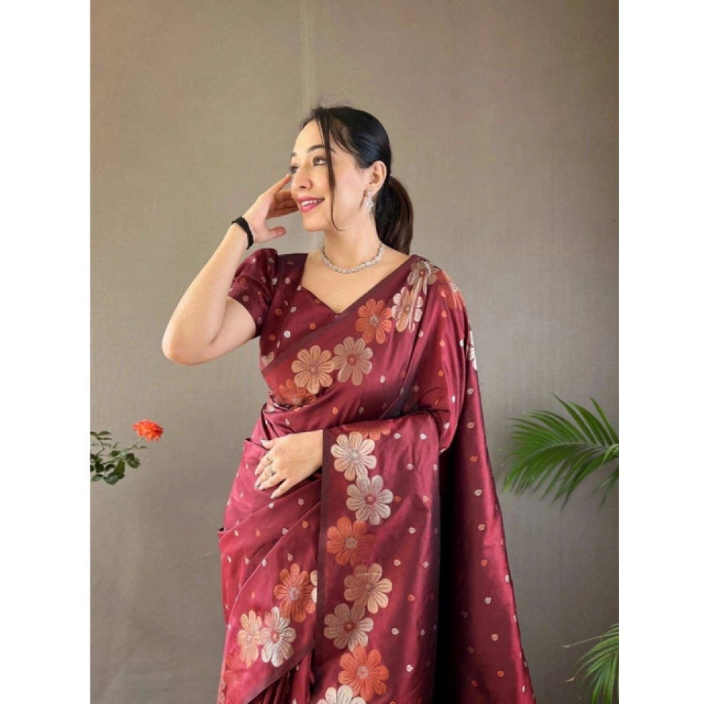 Generic Women's Soft Litchi Silk Jacquard Work Saree With Unstitched Blouse 5.5Mtr (Maroon)