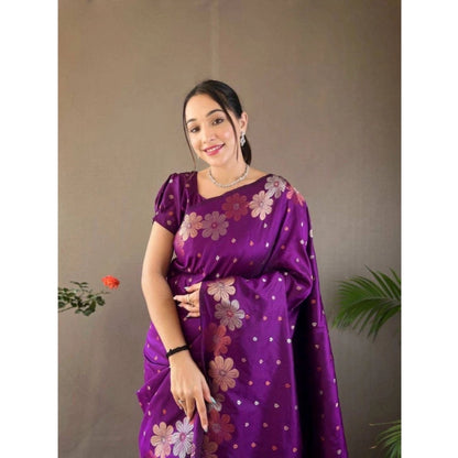 Generic Women's Soft Litchi Silk Jacquard Work Saree With Unstitched Blouse 5.5Mtr (Purple)