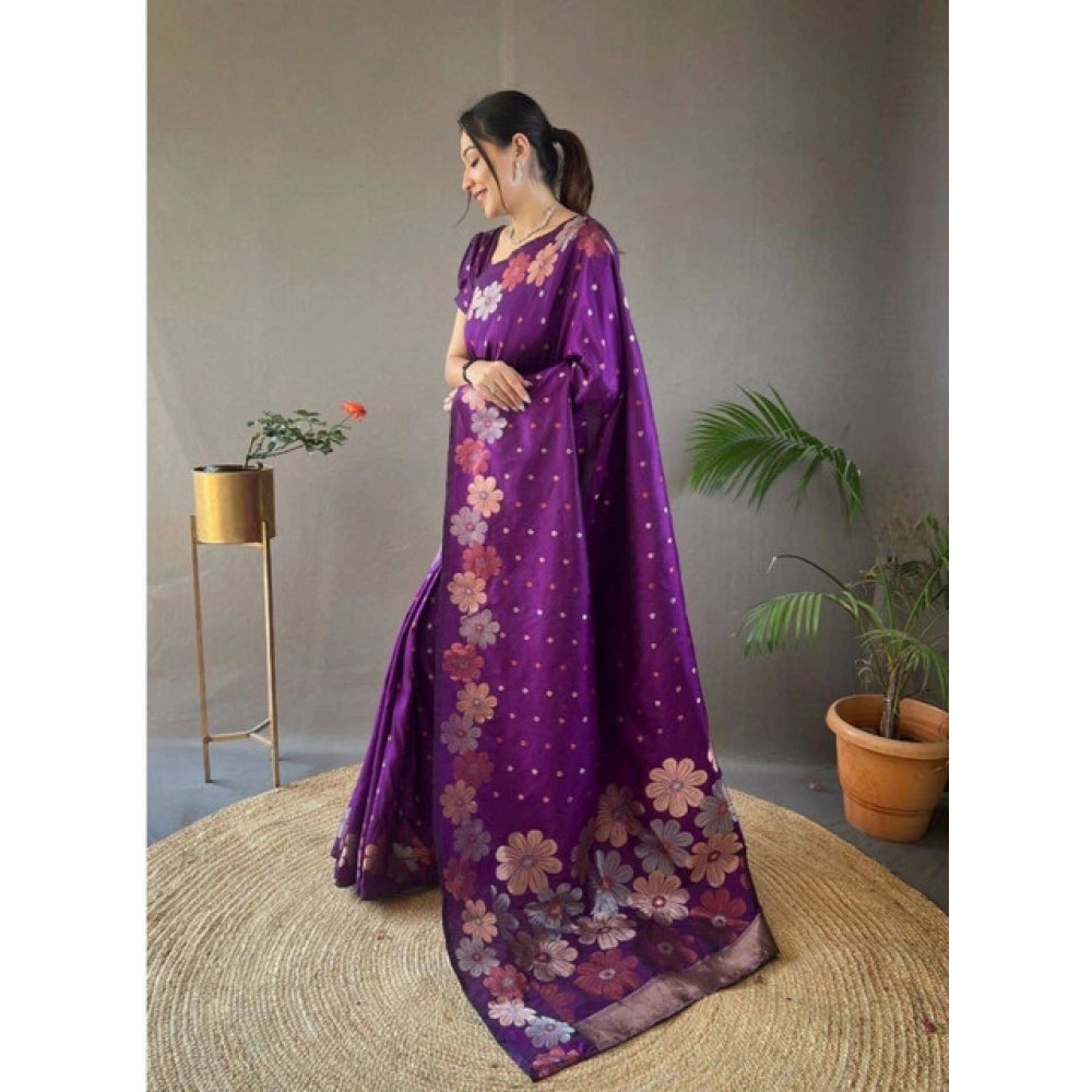 Generic Women's Soft Litchi Silk Jacquard Work Saree With Unstitched Blouse 5.5Mtr (Purple)