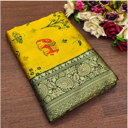 Generic Women's Soft Litchi Silk Jacquard Work Saree With Unstitched Blouse 5.5Mtr (Yellow)