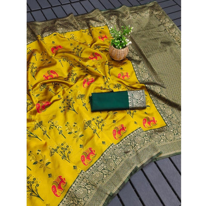 Generic Women's Soft Litchi Silk Jacquard Work Saree With Unstitched Blouse 5.5Mtr (Yellow)
