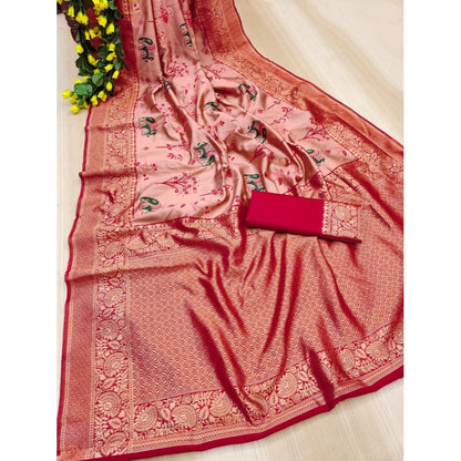 Generic Women's Soft Litchi Silk Jacquard Work Saree With Unstitched Blouse 5.5Mtr (Pink)