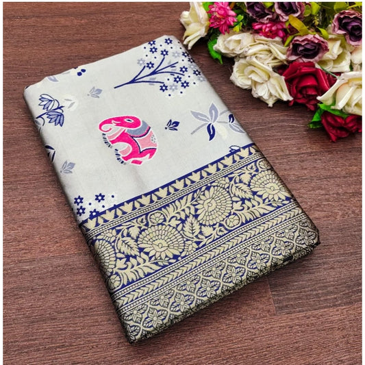 Generic Women's Soft Litchi Silk Jacquard Work Saree With Unstitched Blouse 5.5Mtr (Blue)