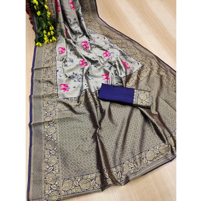 Generic Women's Soft Litchi Silk Jacquard Work Saree With Unstitched Blouse 5.5Mtr (Blue)