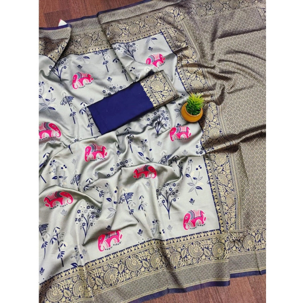 Generic Women's Soft Litchi Silk Jacquard Work Saree With Unstitched Blouse 5.5Mtr (Blue)