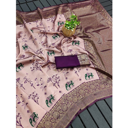 Generic Women's Soft Litchi Silk Jacquard Work Saree With Unstitched Blouse 5.5Mtr (Purple)