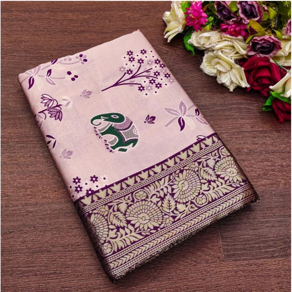 Generic Women's Soft Litchi Silk Jacquard Work Saree With Unstitched Blouse 5.5Mtr (Purple)