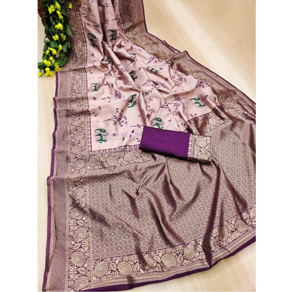 Generic Women's Soft Litchi Silk Jacquard Work Saree With Unstitched Blouse 5.5Mtr (Purple)