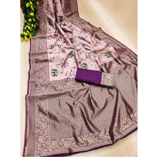 Generic Women's Soft Litchi Silk Jacquard Work Saree With Unstitched Blouse 5.5Mtr (Purple)