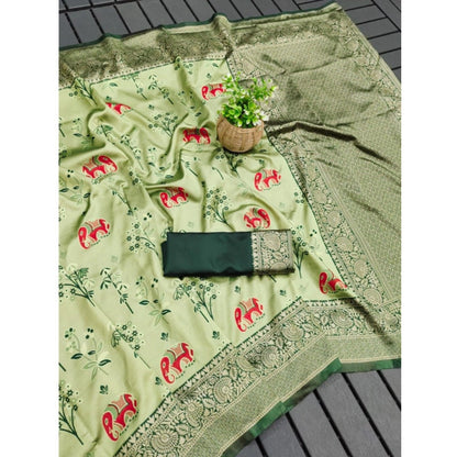 Generic Women's Soft Litchi Silk Jacquard Work Saree With Unstitched Blouse 5.5Mtr (Light Green)
