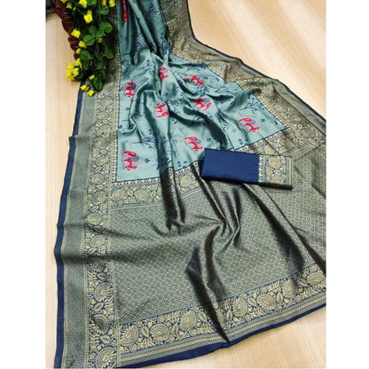 Generic Women's Soft Litchi Silk Jacquard Work Saree With Unstitched Blouse 5.5Mtr (Light Blue)