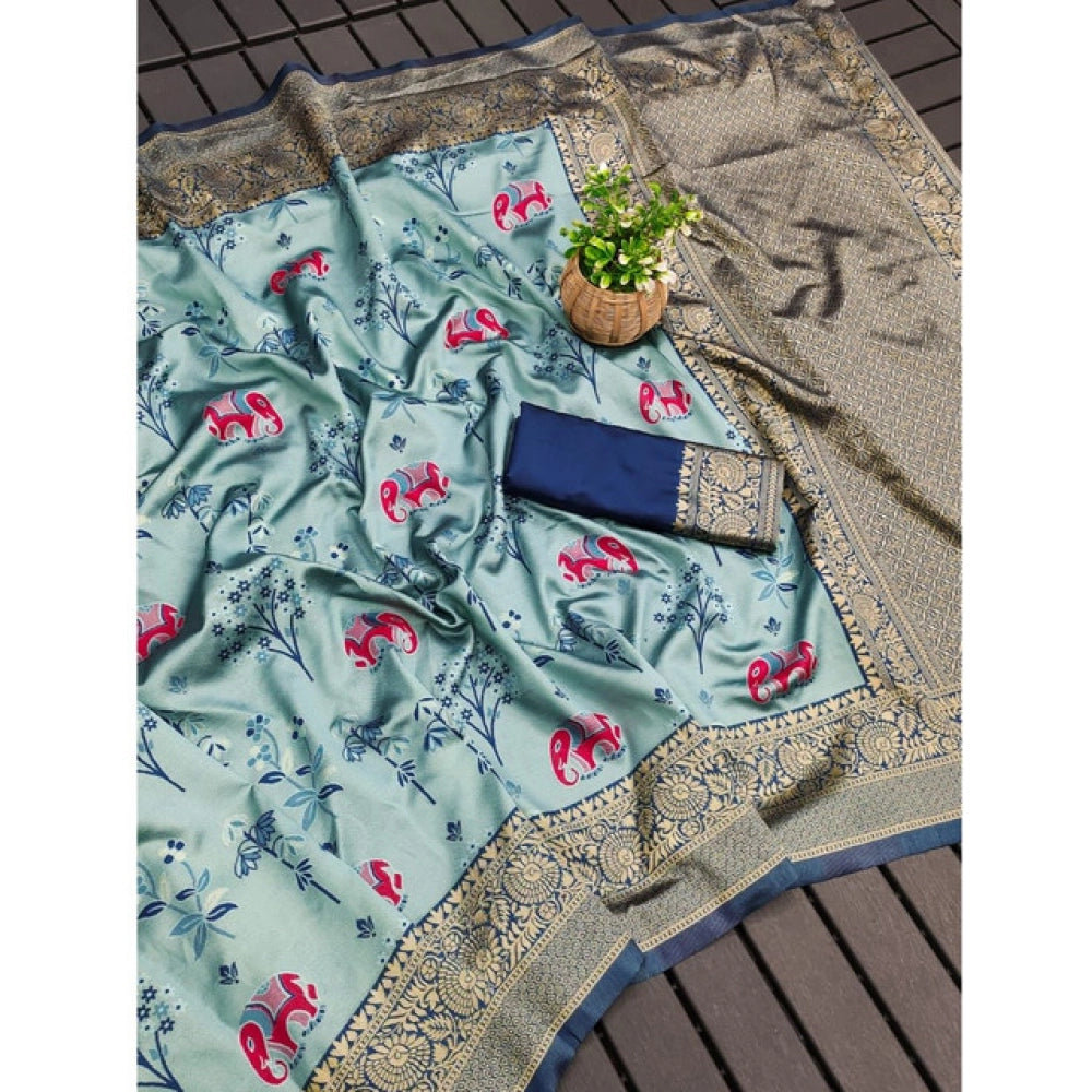 Generic Women's Soft Litchi Silk Jacquard Work Saree With Unstitched Blouse 5.5Mtr (Light Blue)