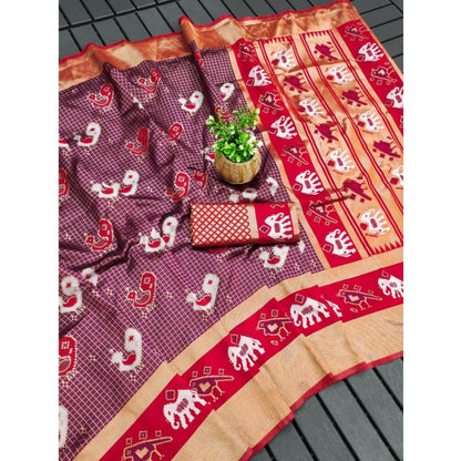 Generic Women's Soft Litchi Silk Jacquard Work Saree With Unstitched Blouse 5.5Mtr (Purple)