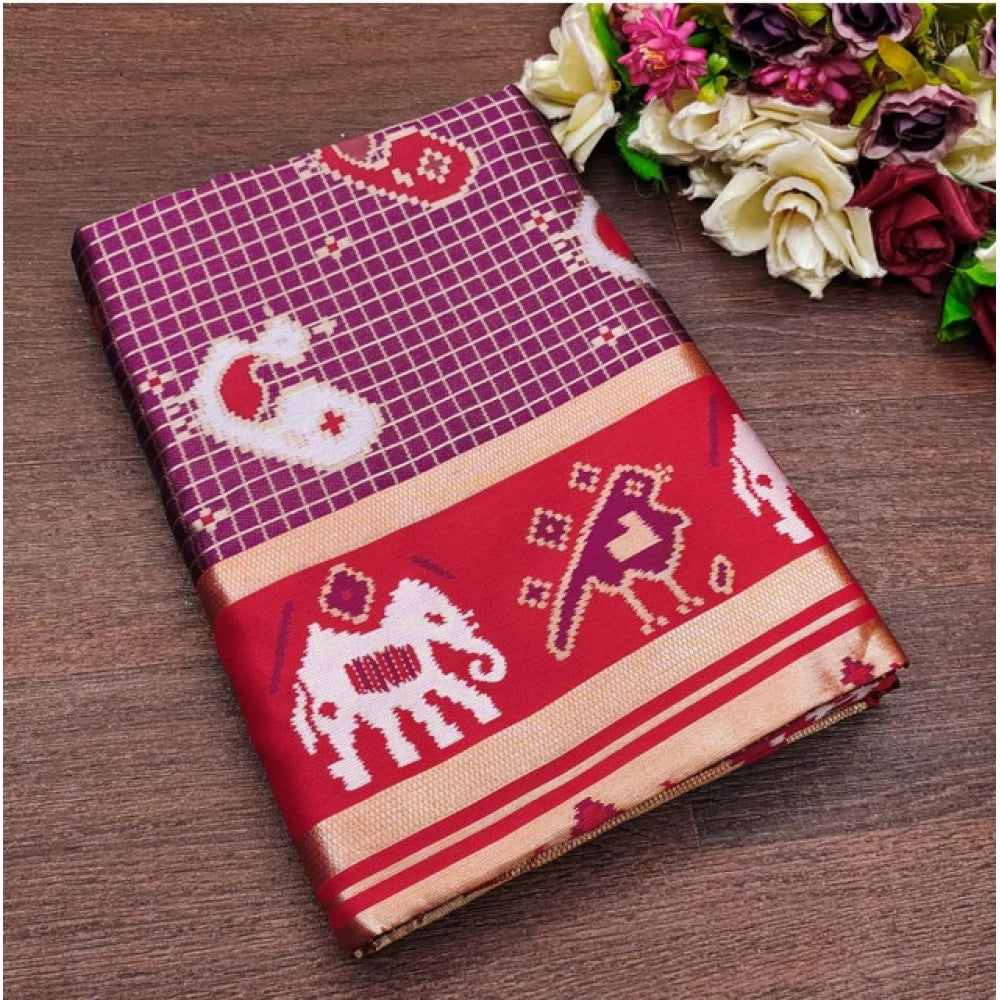 Generic Women's Soft Litchi Silk Jacquard Work Saree With Unstitched Blouse 5.5Mtr (Purple)