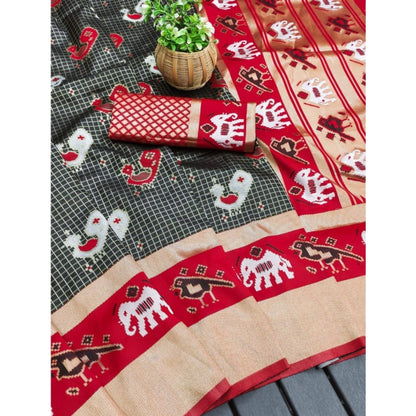 Generic Women's Soft Litchi Silk Jacquard Work Saree With Unstitched Blouse 5.5Mtr (Black-Red)