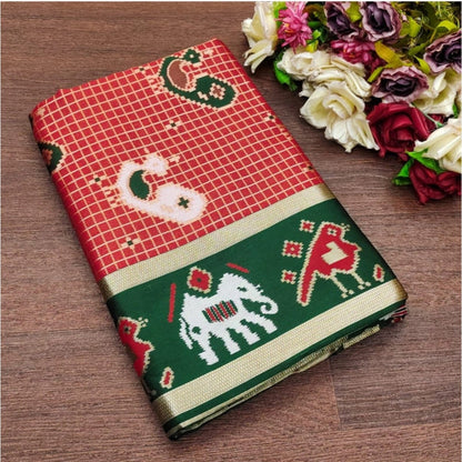 Generic Women's Soft Litchi Silk Jacquard Work Saree With Unstitched Blouse 5.5Mtr (Red-Green)