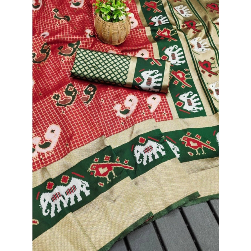 Generic Women's Soft Litchi Silk Jacquard Work Saree With Unstitched Blouse 5.5Mtr (Red-Green)